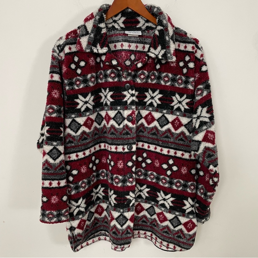 Fair Isle Print Vintage Button Down Teddy Shacket Sweater